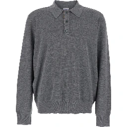 Grey Polo Shirt with Classic Collar and Check Motif on the Collar in Wool Man