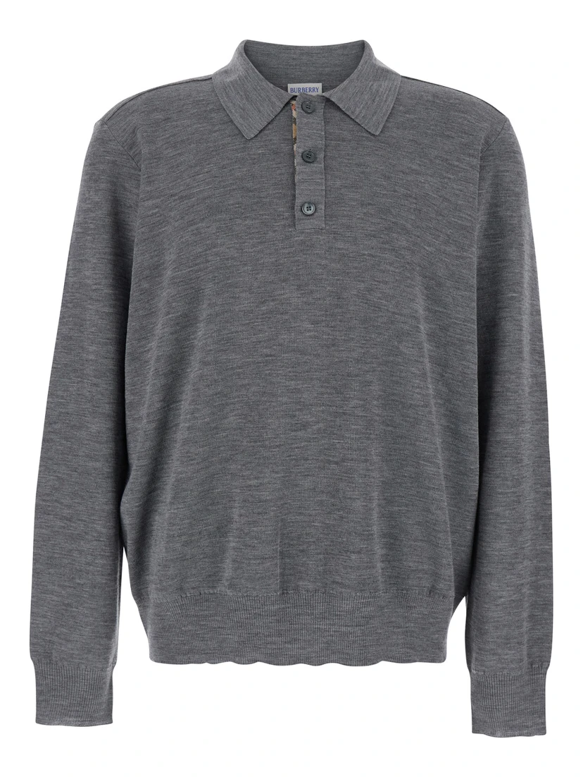 Grey Polo Shirt with Classic Collar and Check Motif on the Collar in Wool Man