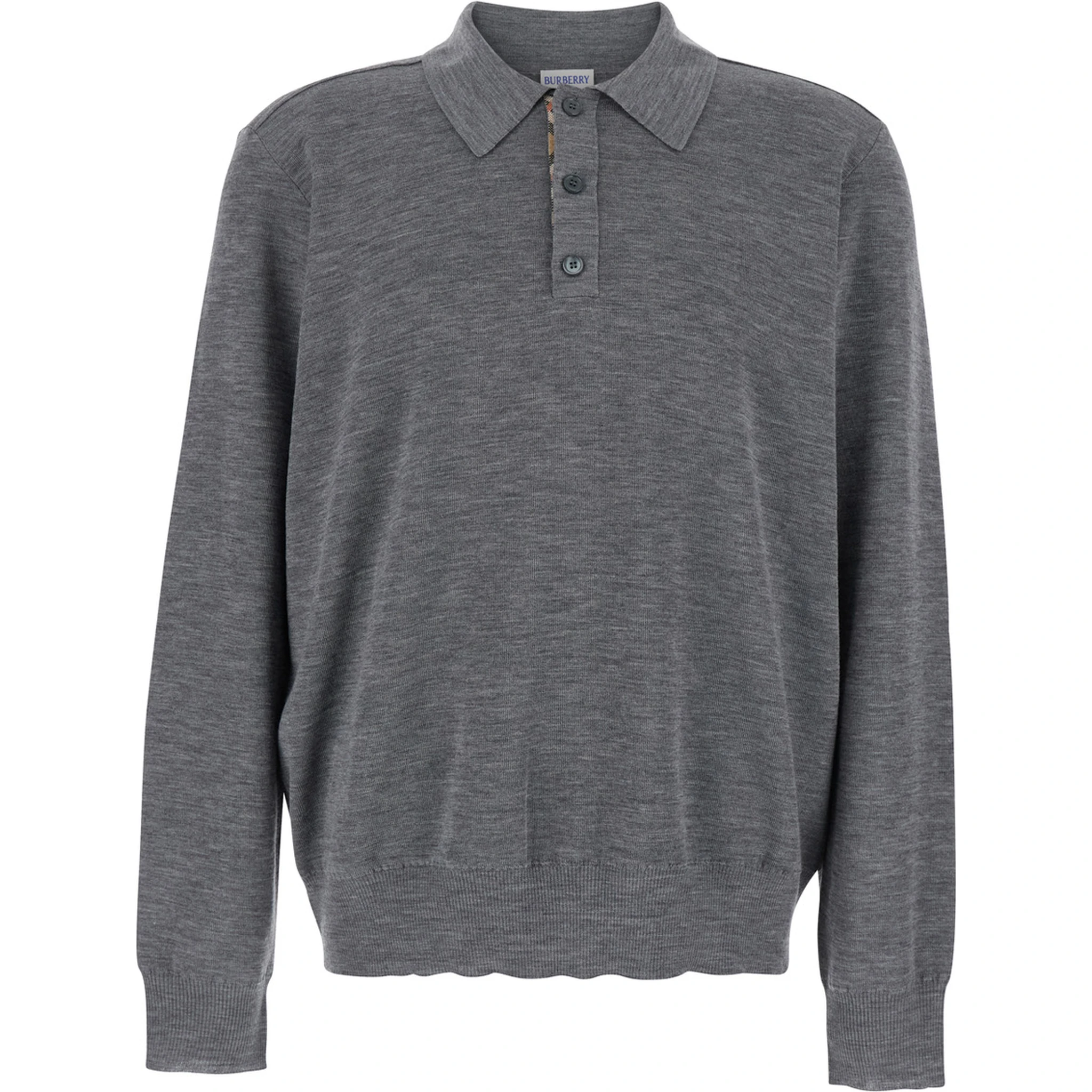 Grey Polo Shirt with Classic Collar and Check Motif on the Collar in Wool Man