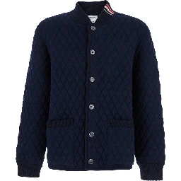 Blue Quilted Jacket with Bomber Collar and Logo Embroidery on the Collar in Wool Man