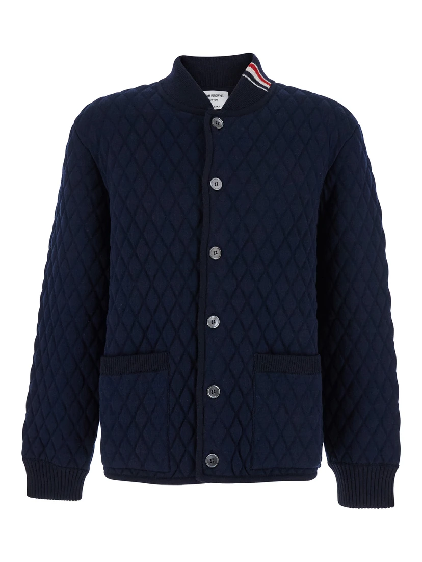 Blue Quilted Jacket with Bomber Collar and Logo Embroidery on the Collar in Wool Man
