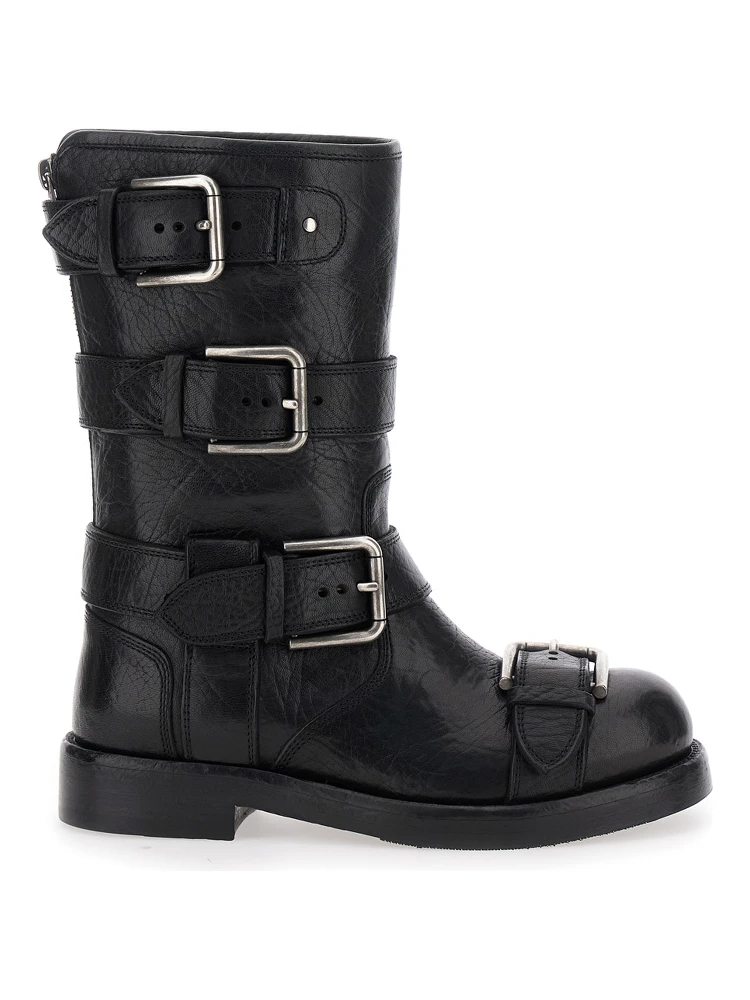Black Ankle Boots with All-Over Buckles in Leather Woman
