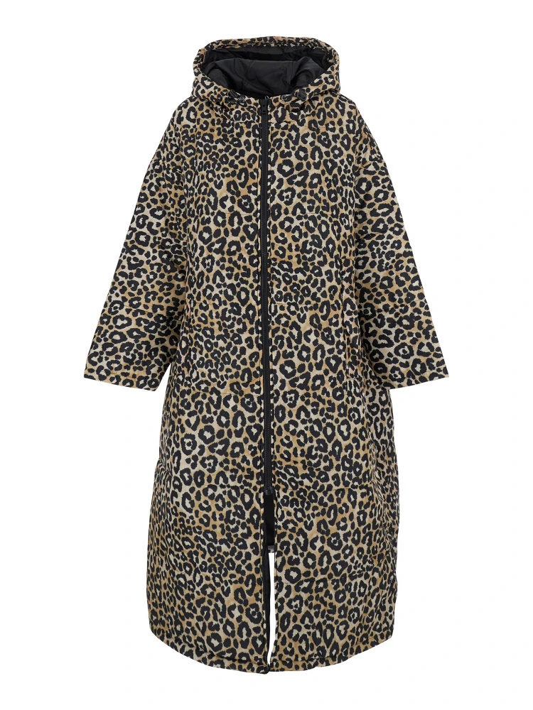 Brown Down Jacket with Leopard Print and Long Design in Tech Fabric Woman