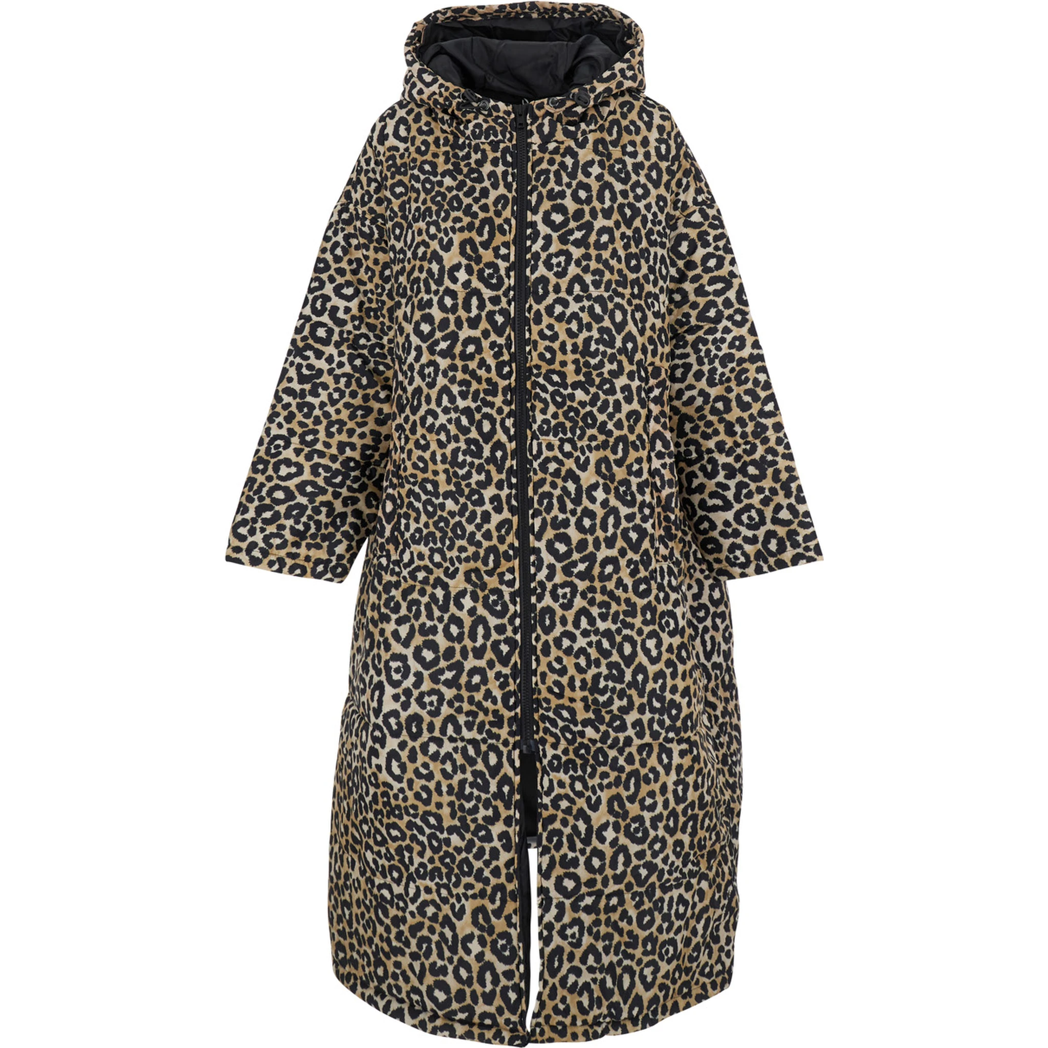 Brown Down Jacket with Leopard Print and Long Design in Tech Fabric Woman