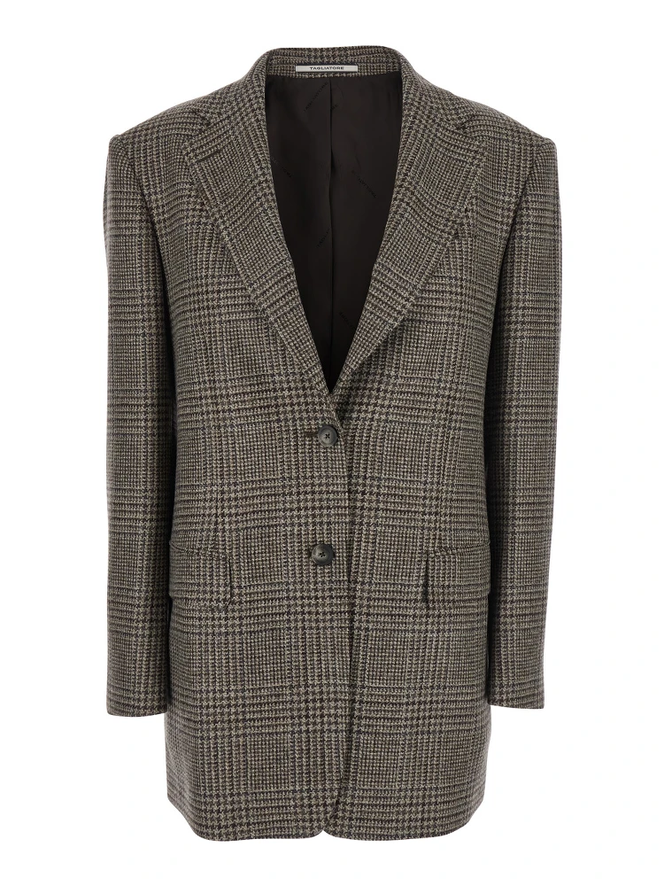 Brown Single-Breasted Jacket with Notched Revers and All-Over Check Motif in Wool Woman