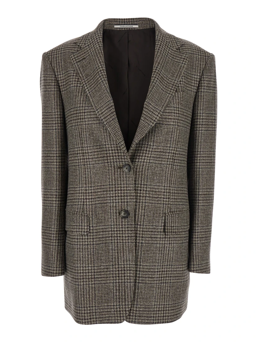 Brown Single-Breasted Jacket with Notched Revers and All-Over Check Motif in Wool Woman