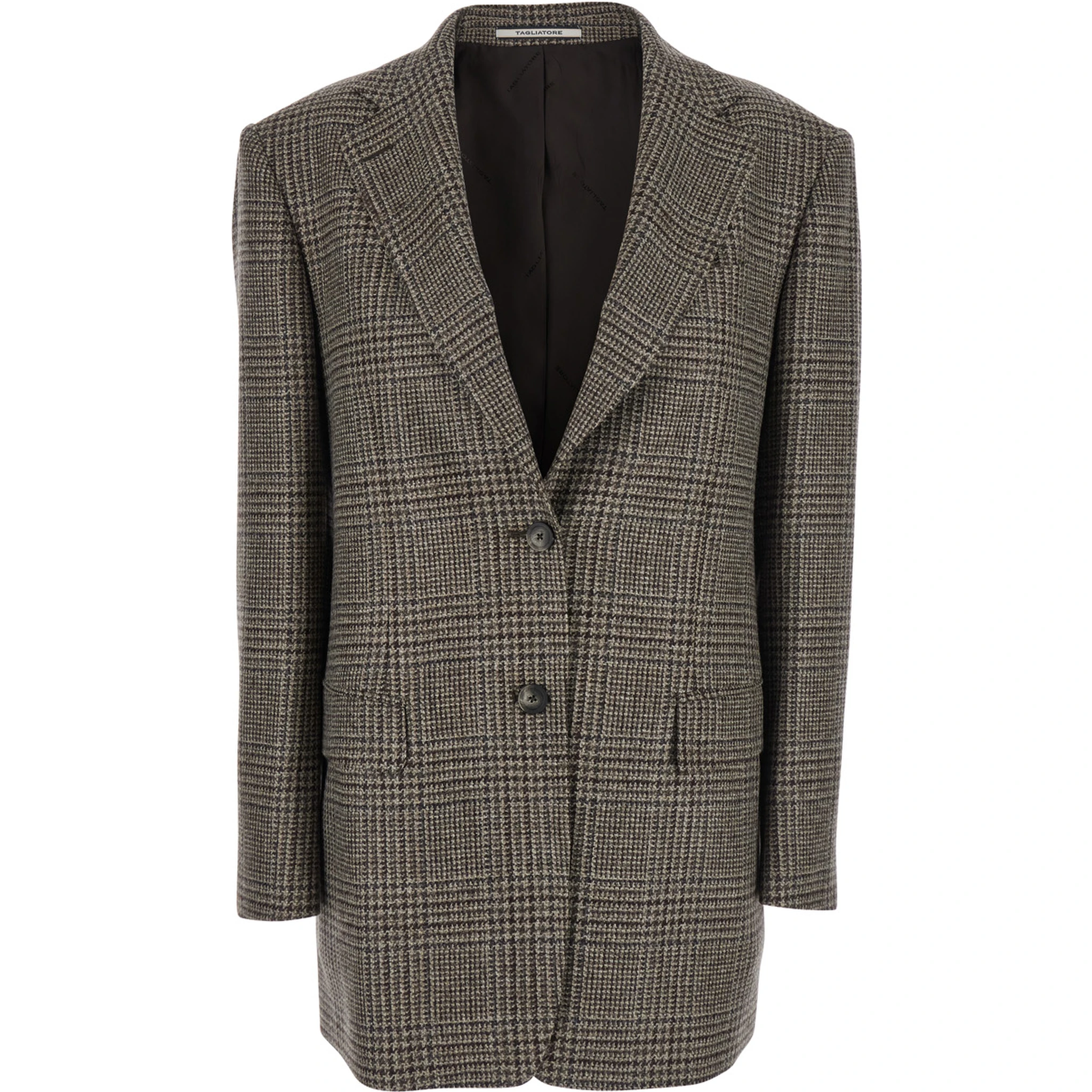 Brown Single-Breasted Jacket with Notched Revers and All-Over Check Motif in Wool Woman