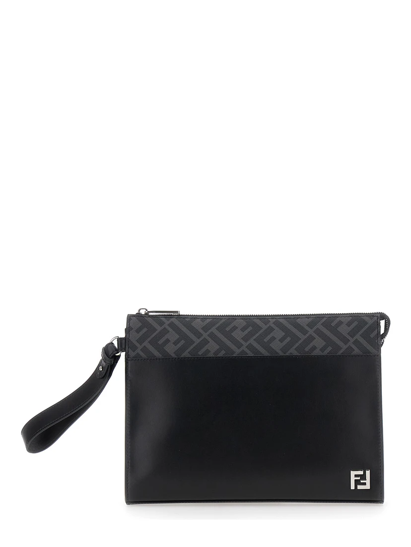 Black Cltuch with FF Motif and FF Logo Plaque in Leather Man