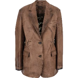 Brown Single-Breasted Jacket with Classic Lapels in Leather Woman