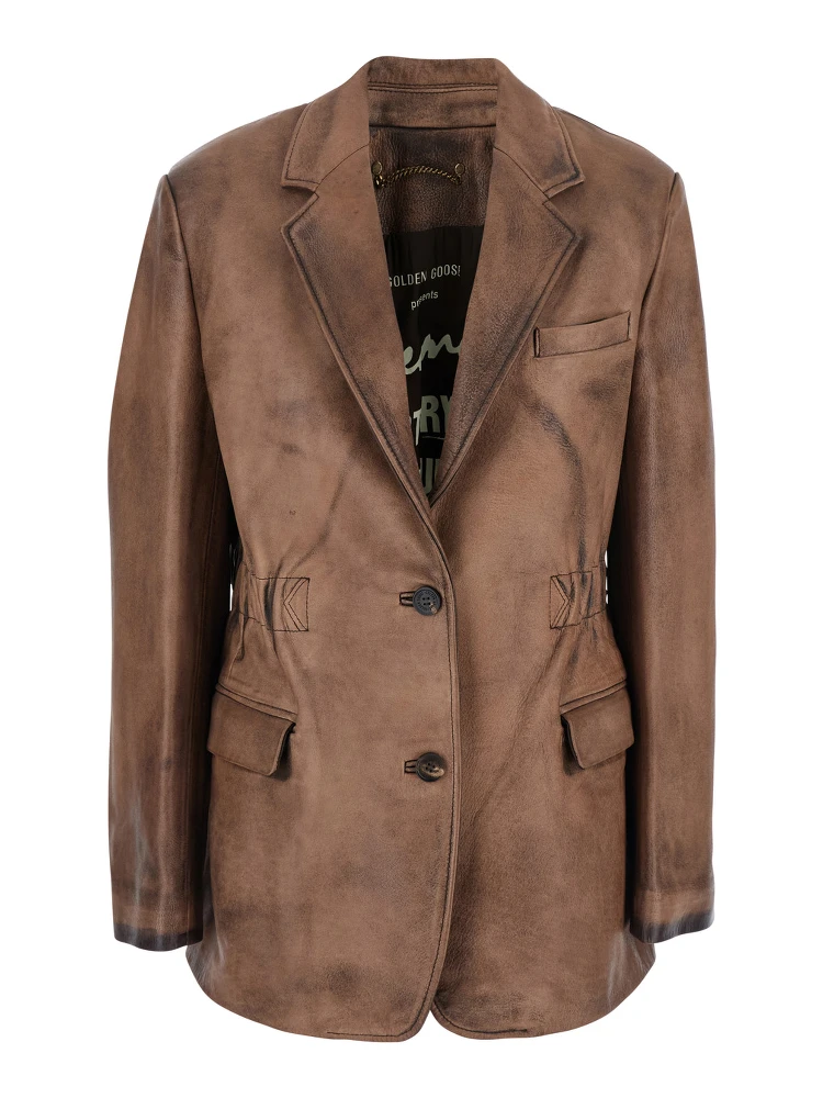 Brown Single-Breasted Jacket with Classic Lapels in Leather Woman