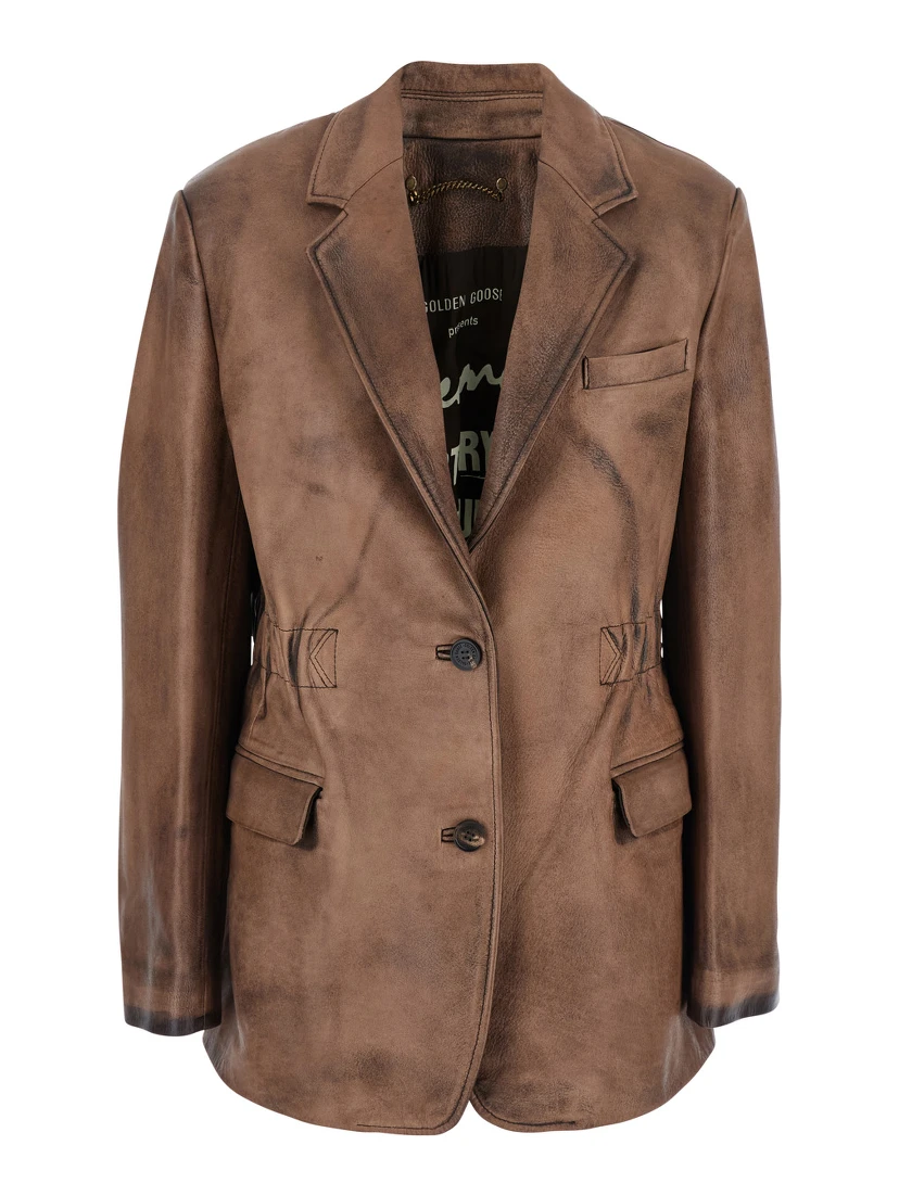 Brown Single-Breasted Jacket with Classic Lapels in Leather Woman