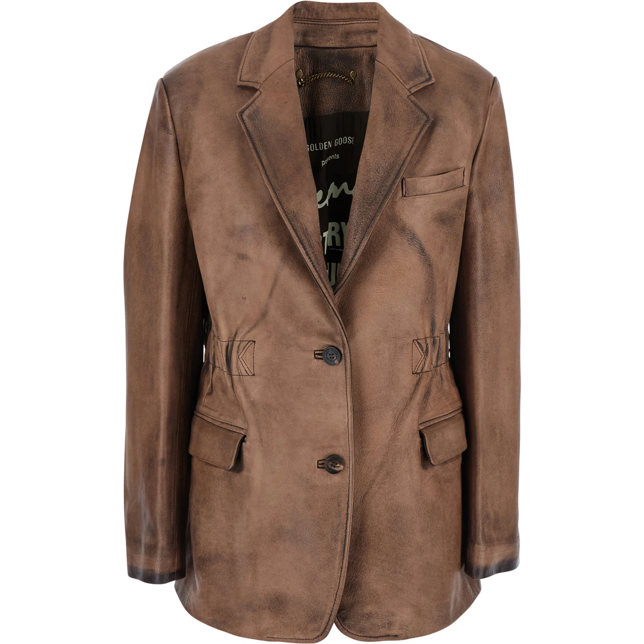 Brown Single-Breasted Jacket with Classic Lapels in Leather Woman