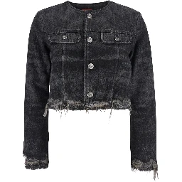 جاكيت رمادي بياقة دائرية وحواف منسلة من مزيج القطن للنساء