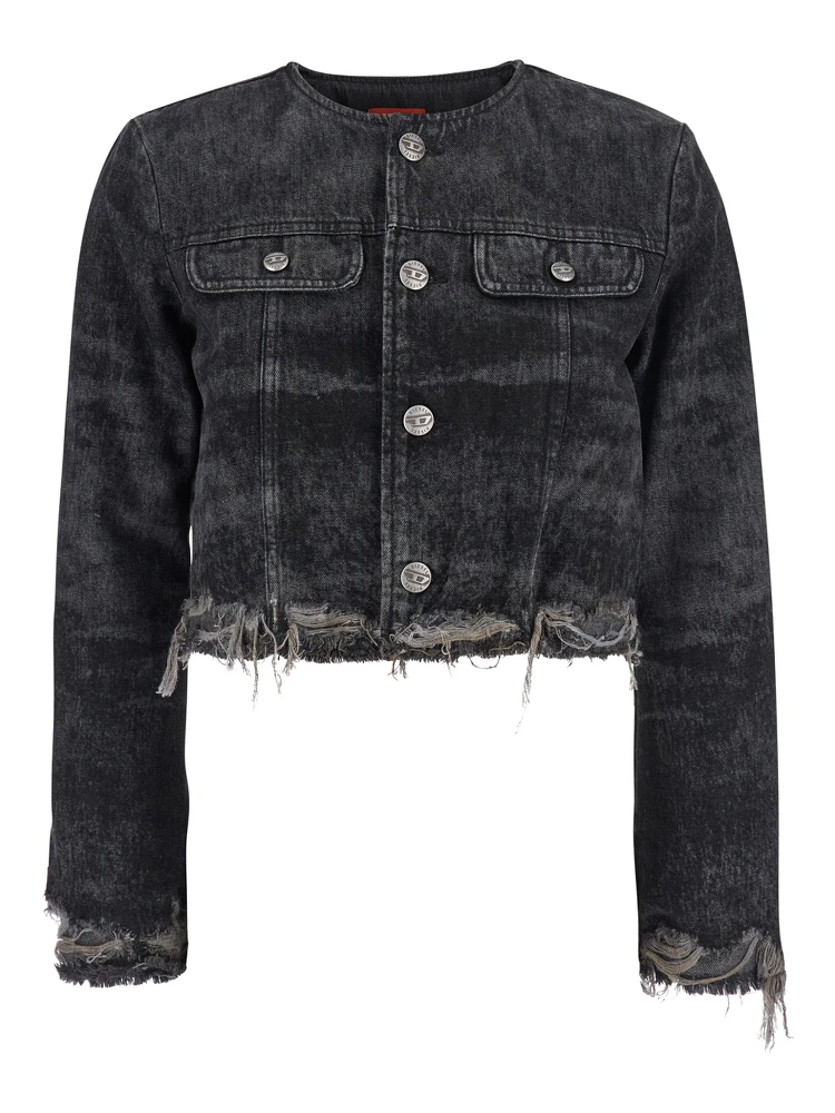 Grey Jacket with Round Neck and Frayed Edges in Cotton Blend Woman