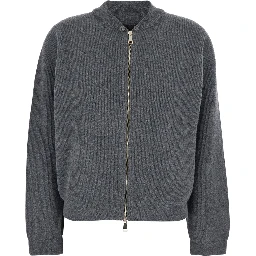 Grey Ribbed Knit Sweatshirt with Front Zip Closure in Wool Blend Woman