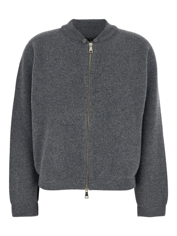 Grey Ribbed Knit Sweatshirt with Front Zip Closure in Wool Blend Woman