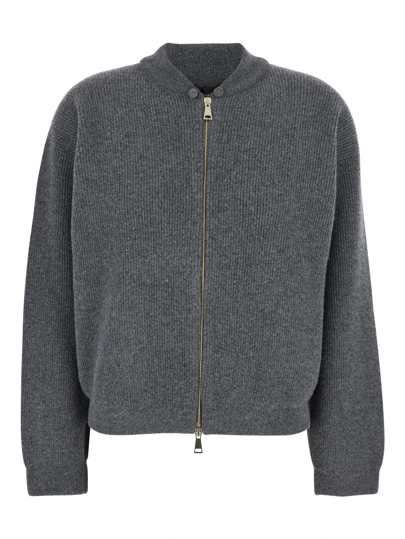 Grey Ribbed Knit Sweatshirt with Front Zip Closure in Wool Blend Woman