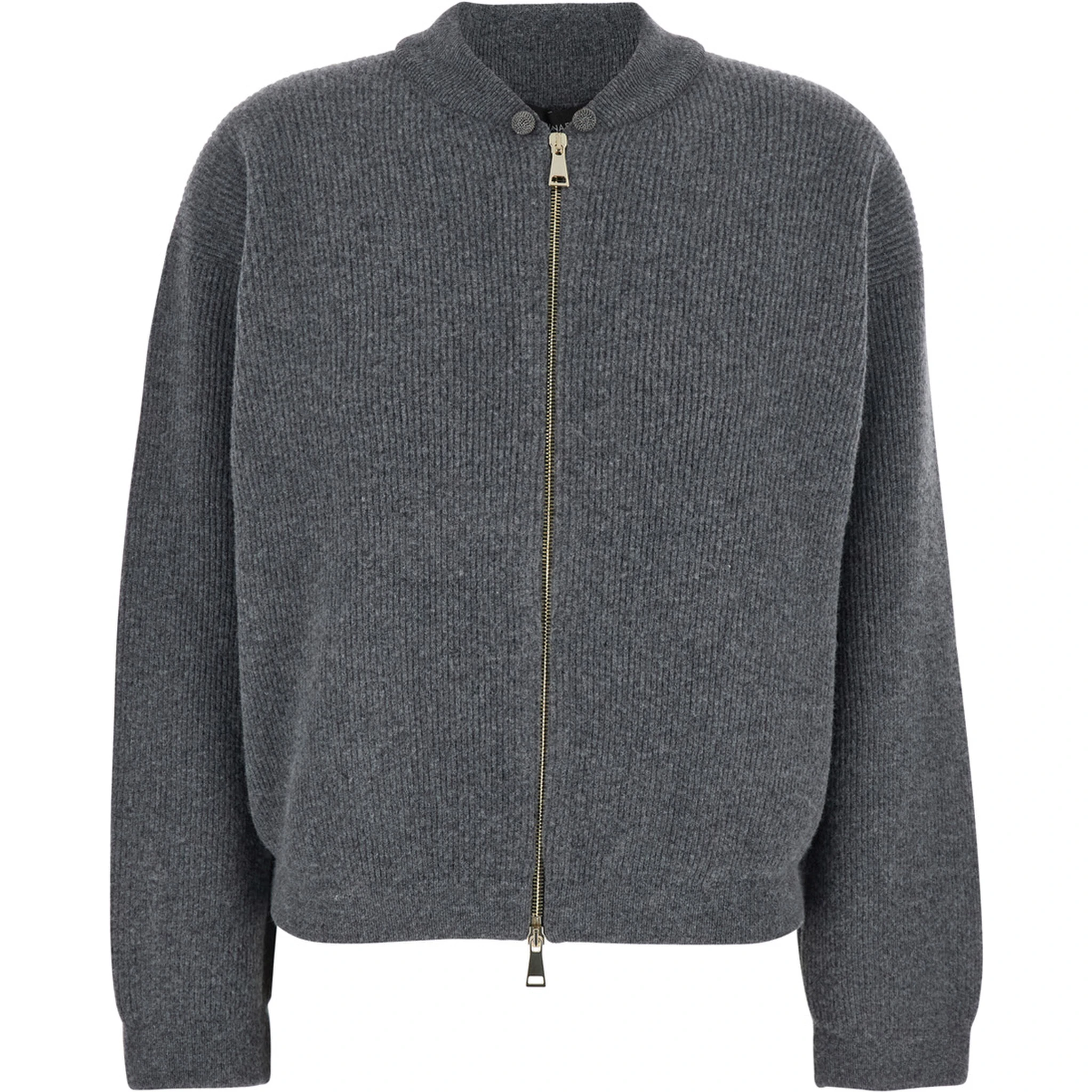 Grey Ribbed Knit Sweatshirt with Front Zip Closure in Wool Blend Woman