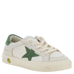 May White Low Top Sneakers with Star Patch on the Side and Contrasting Heel with Logo Lettering in Leather Boy