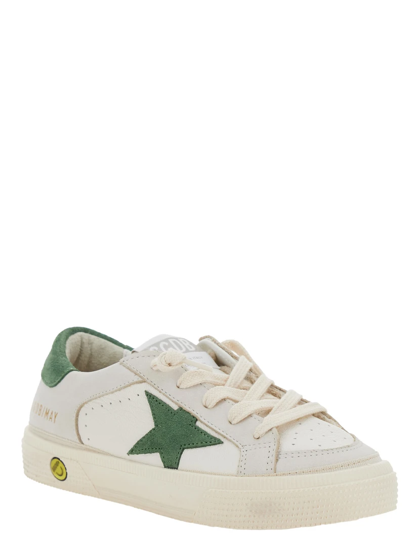 May White Low Top Sneakers with Star Patch on the Side and Contrasting Heel with Logo Lettering in Leather Boy