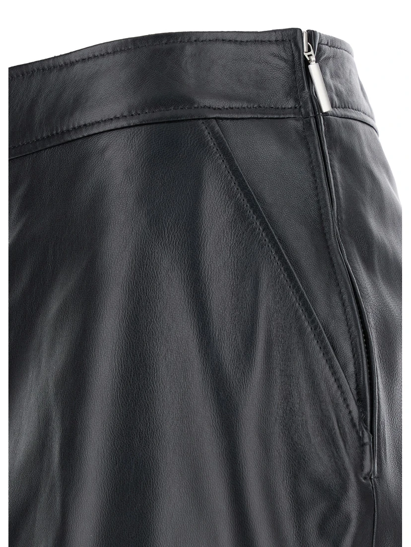 Midi Black Skirt with Front Slit in Leather Woman
