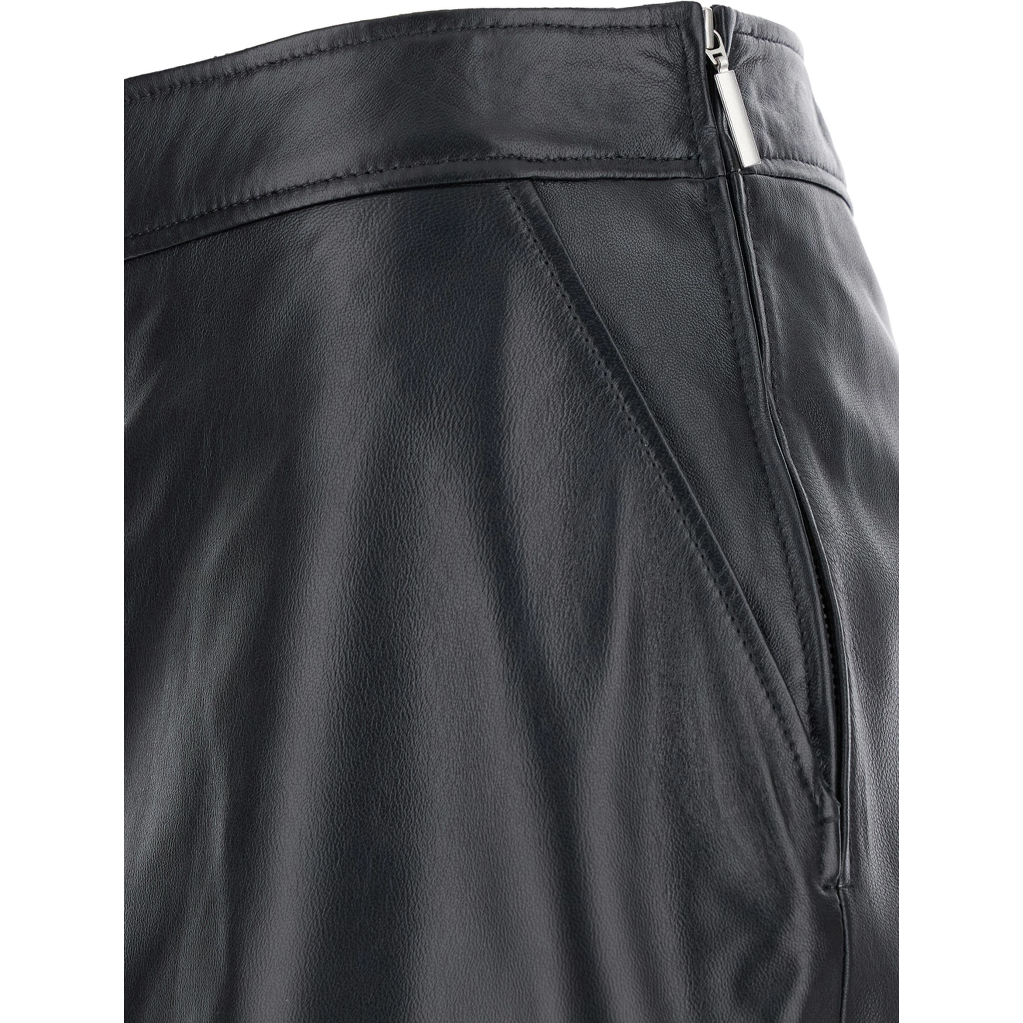 Midi Black Skirt with Front Slit in Leather Woman