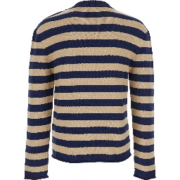 Blue Crewneck Sweater with Logo Lettering on the Front and All-Over Striped Motif in Wool Woman