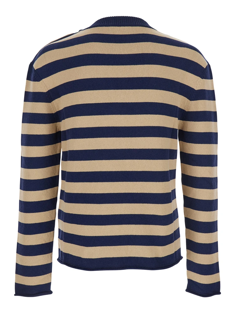 Blue Crewneck Sweater with Logo Lettering on the Front and All-Over Striped Motif in Wool Woman alternative