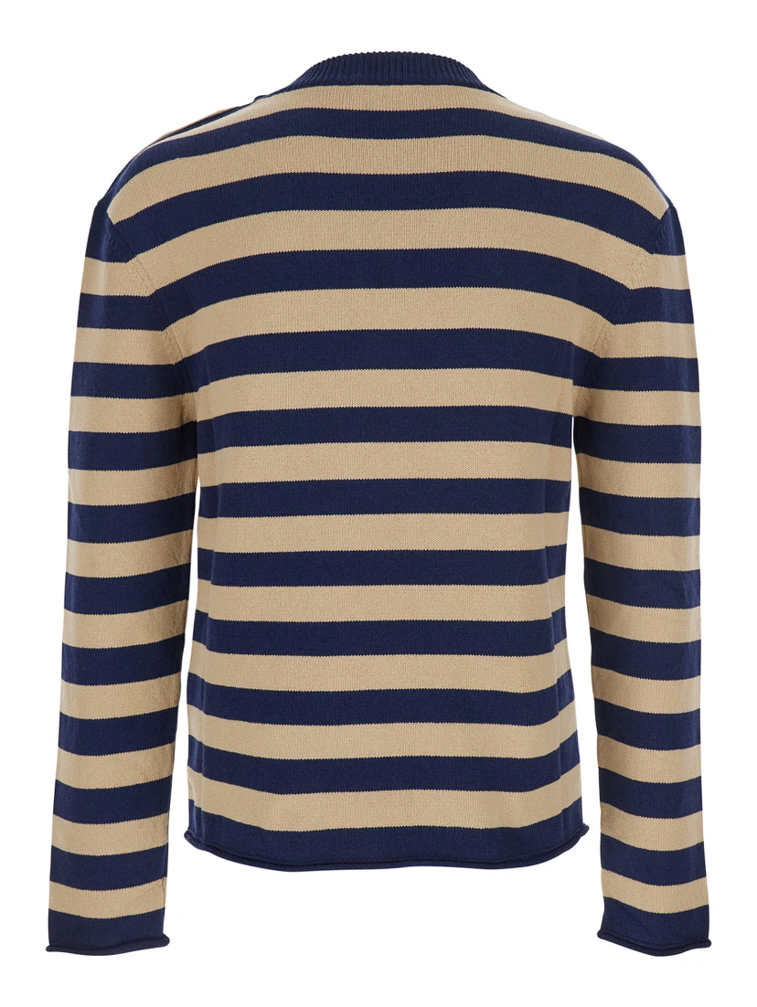 Blue Crewneck Sweater with Logo Lettering on the Front and All-Over Striped Motif in Wool Woman