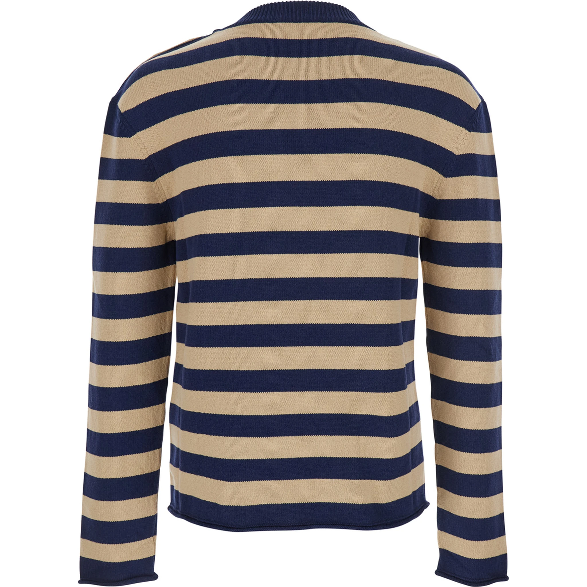 Blue Crewneck Sweater with Logo Lettering on the Front and All-Over Striped Motif in Wool Woman