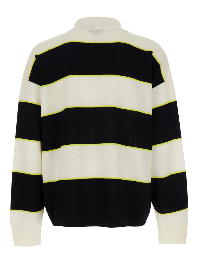Black and White Long-Sleeve Polo Shirt with Logo Patch on the Front and All-Over Striped Motif in Cotton Blend Man