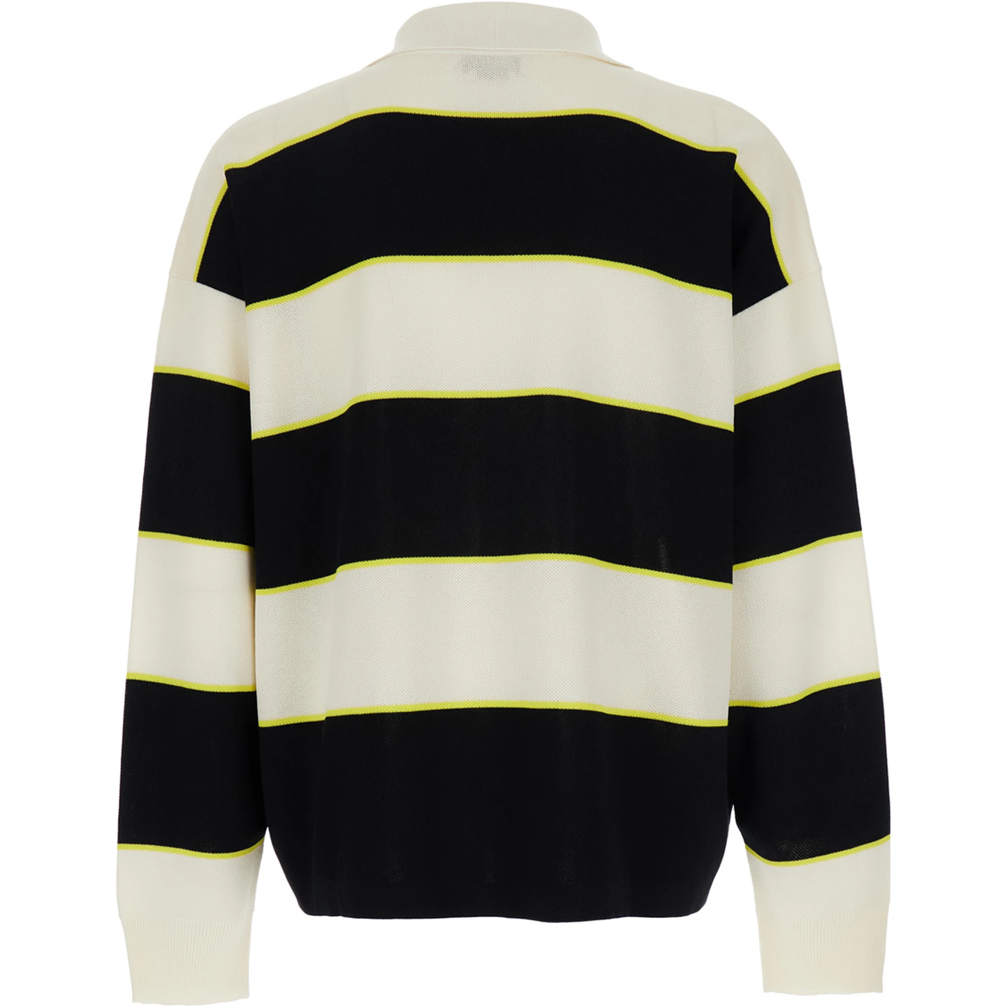 Black and White Long-Sleeve Polo Shirt with Logo Patch on the Front and All-Over Striped Motif in Cotton Blend Man
