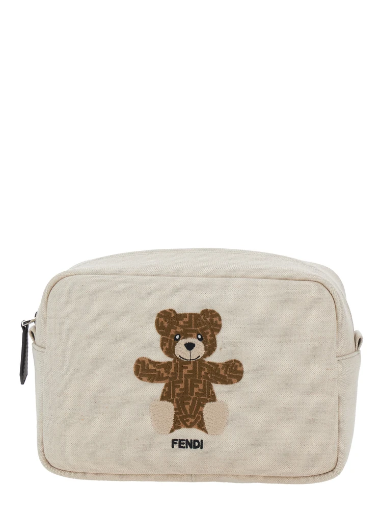 Beige Beauty Case with Logo Lettering and Bear on the Front in Cotton Blend Girl
