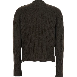 Brown Crewneck Sweater with Interwoven Design in Wool Woman