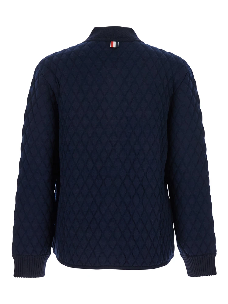 Blue Quilted Jacket with Bomber Collar and Logo Embroidery on the Collar in Wool Man alternative