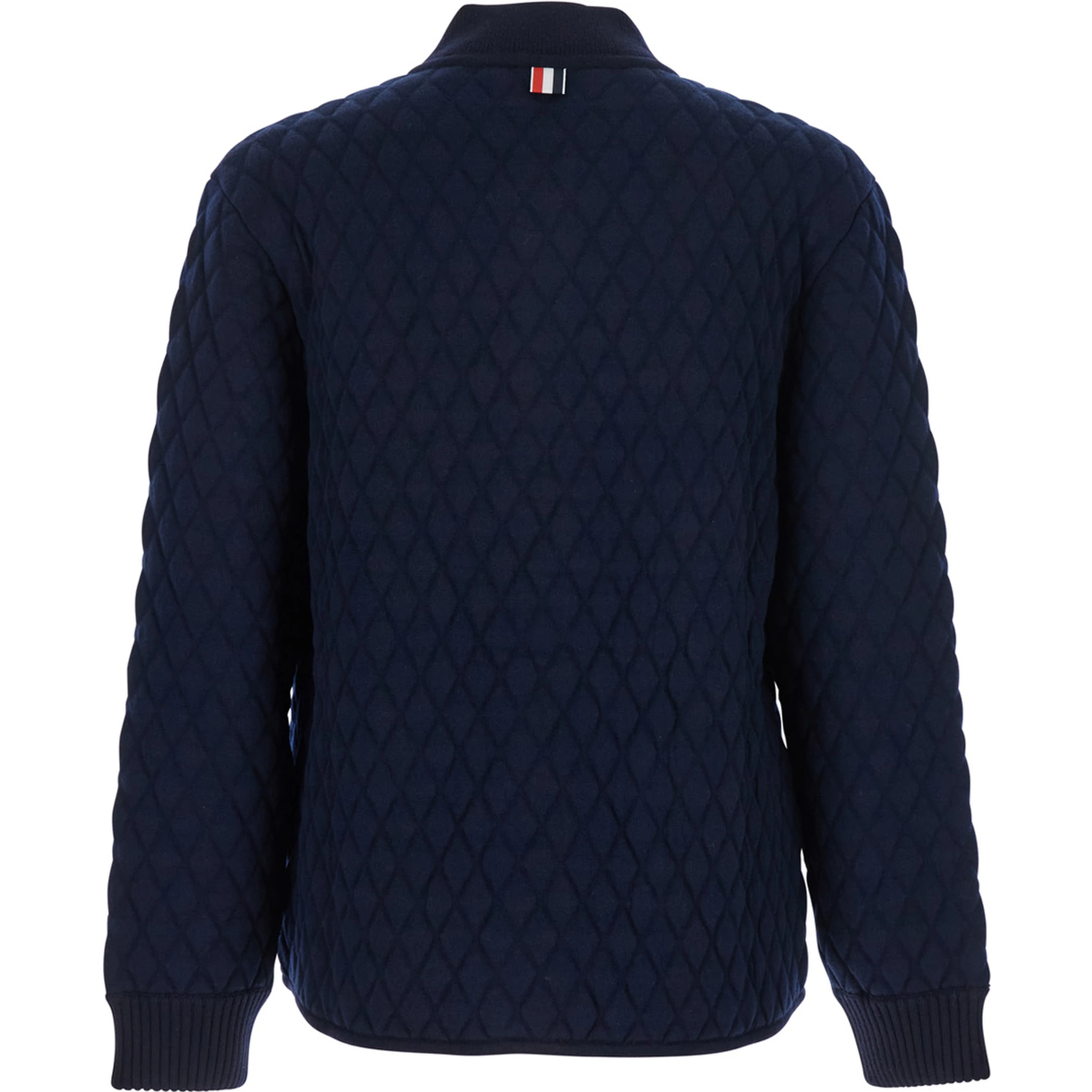 Blue Quilted Jacket with Bomber Collar and Logo Embroidery on the Collar in Wool Man