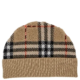 Beige Beanie with Check Motif and Ribbed Brim in Wool Boy