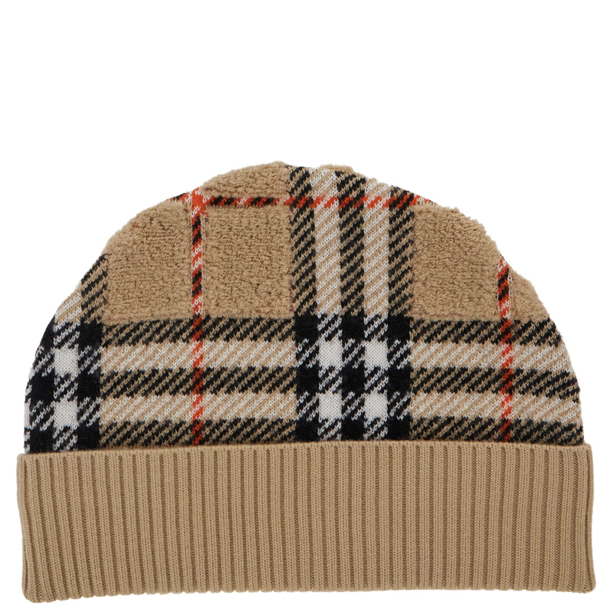 Beige Beanie with Check Motif and Ribbed Brim in Wool Boy