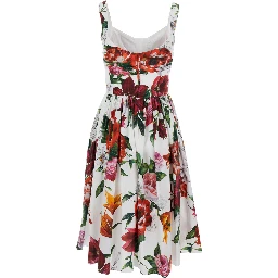Multicolor Midi Dress with Wide Neckline and All-Over Floral Print in Cotton Woman