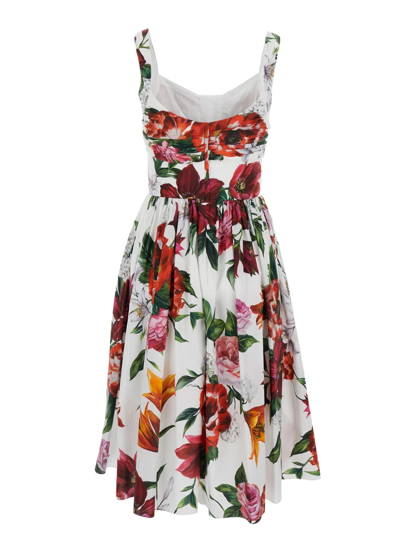 Multicolor Midi Dress with Wide Neckline and All-Over Floral Print in Cotton Woman