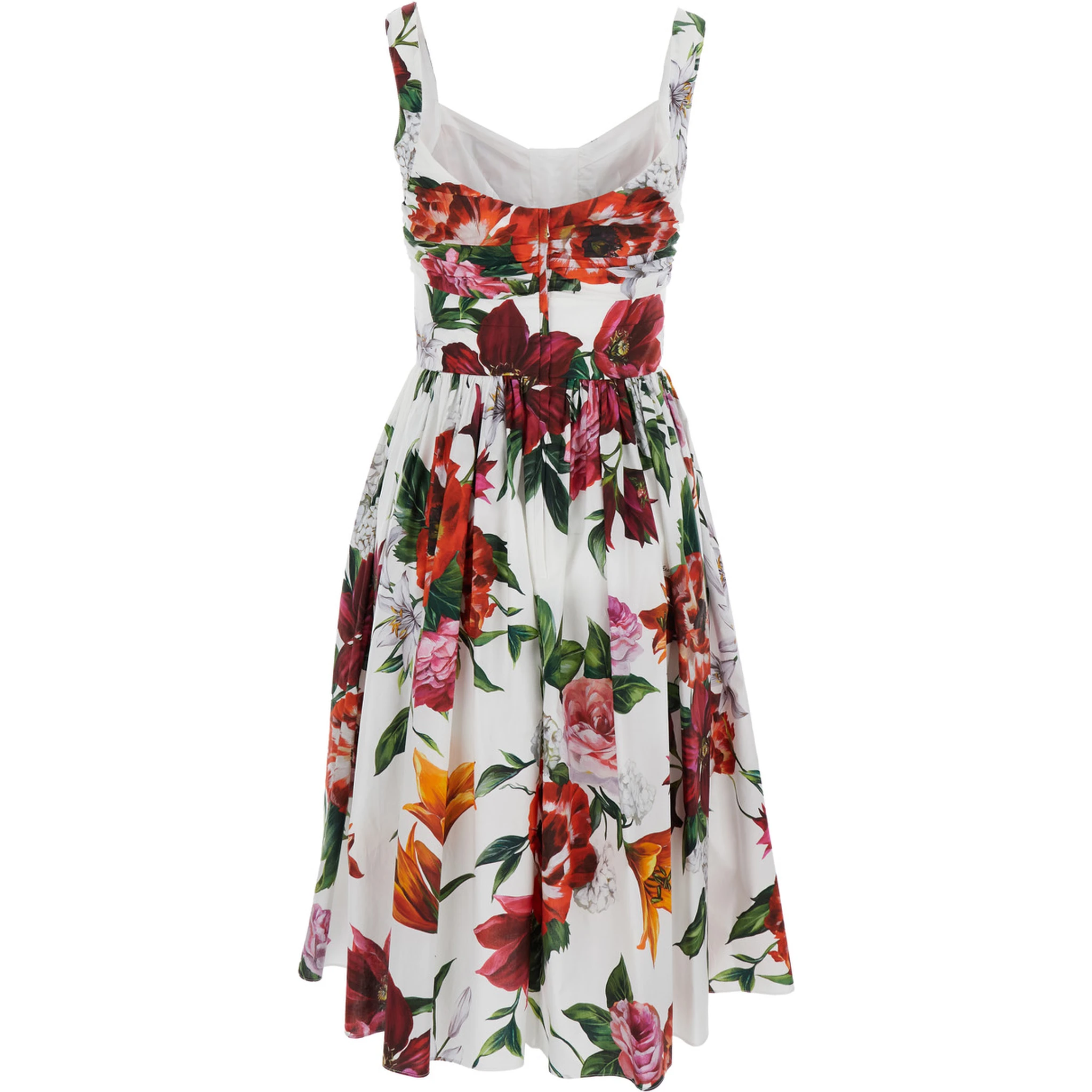 Multicolor Midi Dress with Wide Neckline and All-Over Floral Print in Cotton Woman