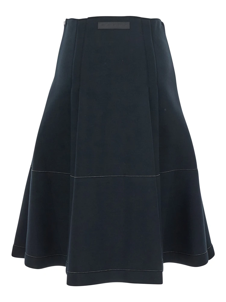 Black Pleated Midi Skirt with Concealed Side Zip Closure and Logo Patch on the Rear in Cotton Stretch Woman alternative