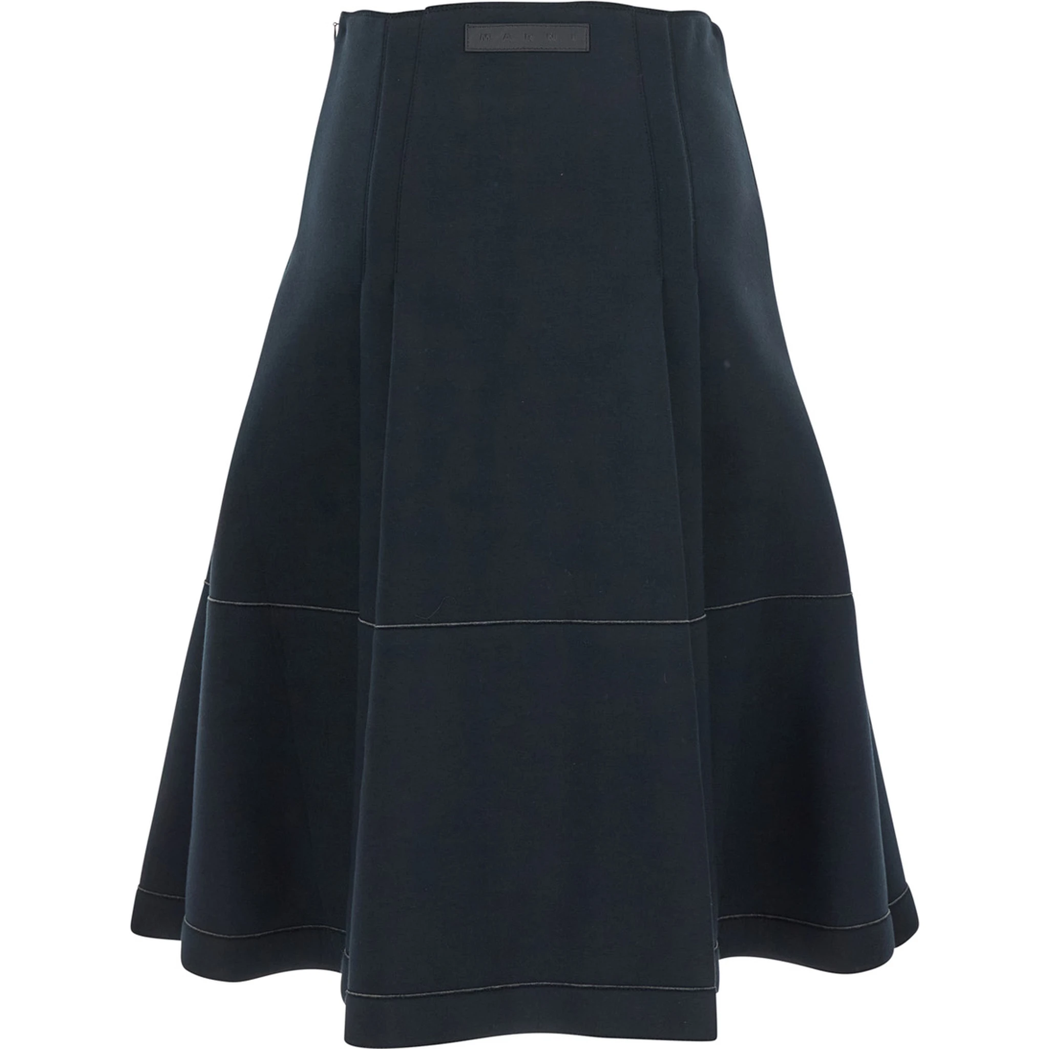 Black Pleated Midi Skirt with Concealed Side Zip Closure and Logo Patch on the Rear in Cotton Stretch Woman