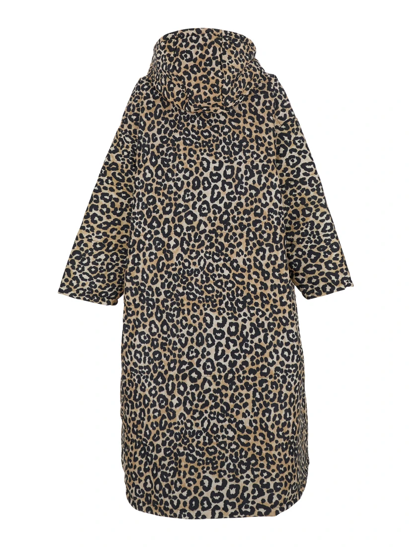 Brown Down Jacket with Leopard Print and Long Design in Tech Fabric Woman