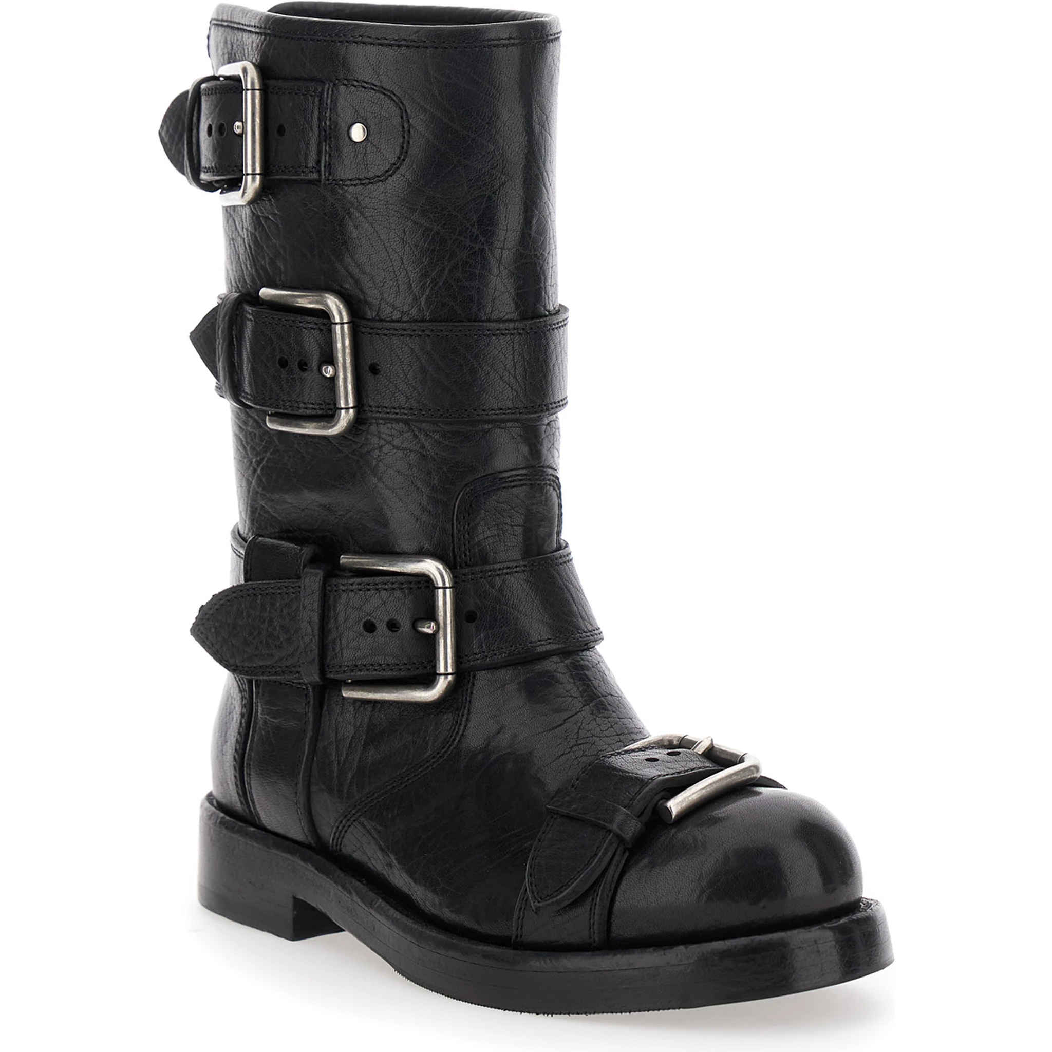 Black Ankle Boots with All-Over Buckles in Leather Woman