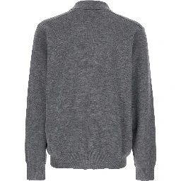Grey Polo Shirt with Classic Collar and Check Motif on the Collar in Wool Man