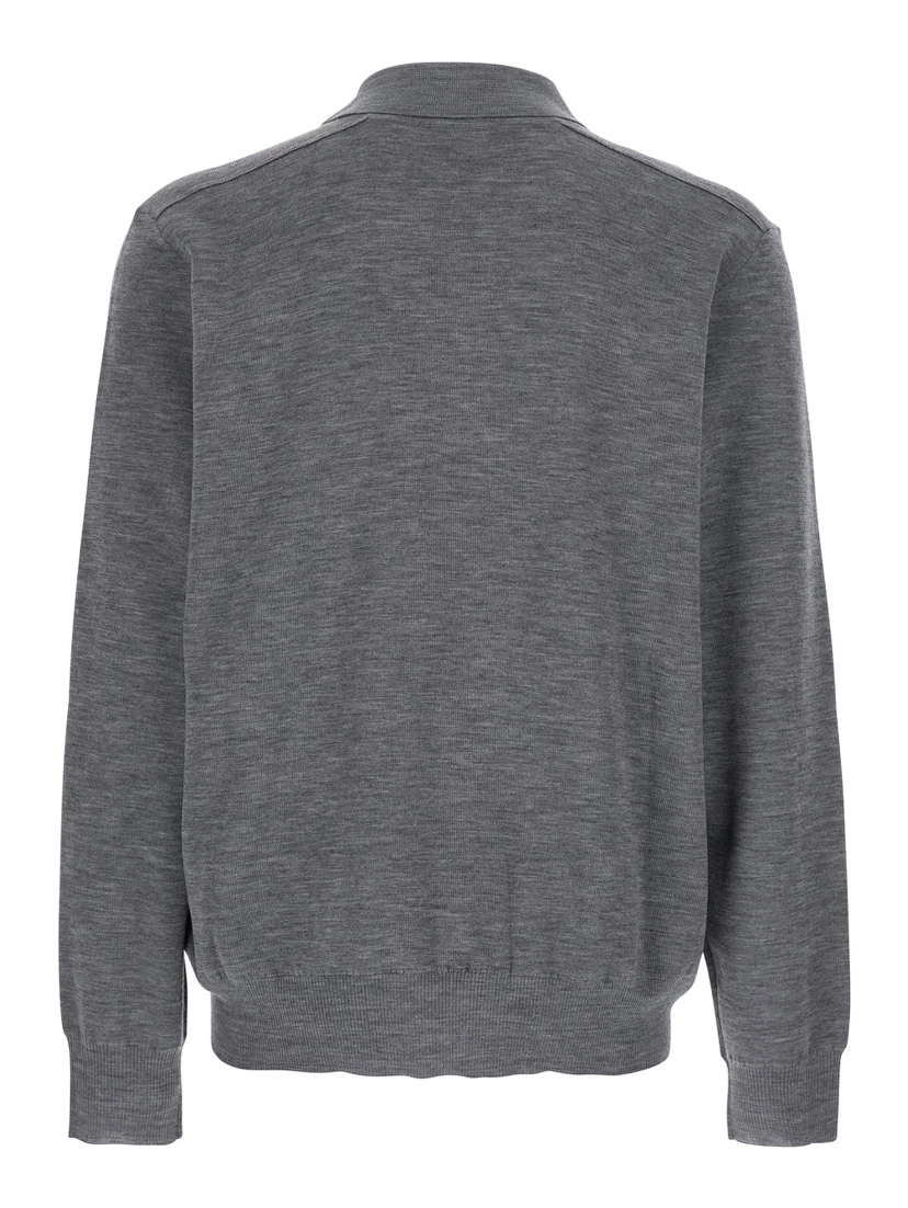 Grey Polo Shirt with Classic Collar and Check Motif on the Collar in Wool Man