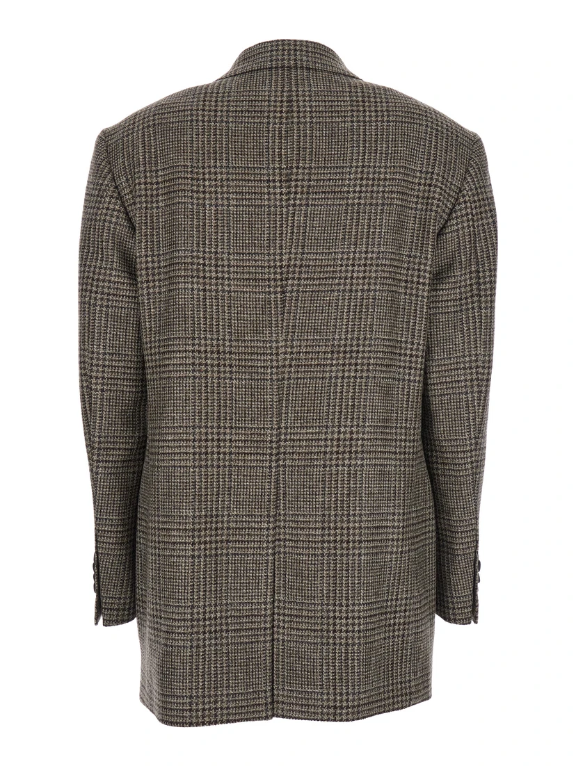 Brown Single-Breasted Jacket with Notched Revers and All-Over Check Motif in Wool Woman