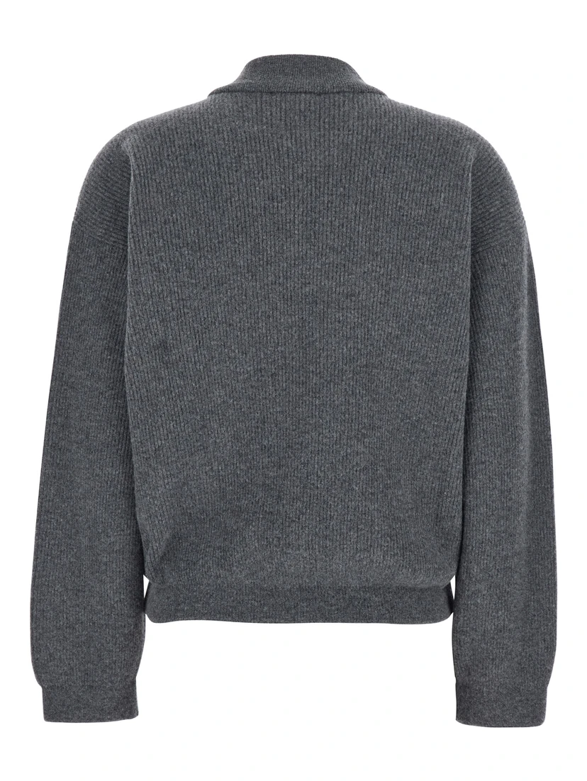 Grey Ribbed Knit Sweatshirt with Front Zip Closure in Wool Blend Woman