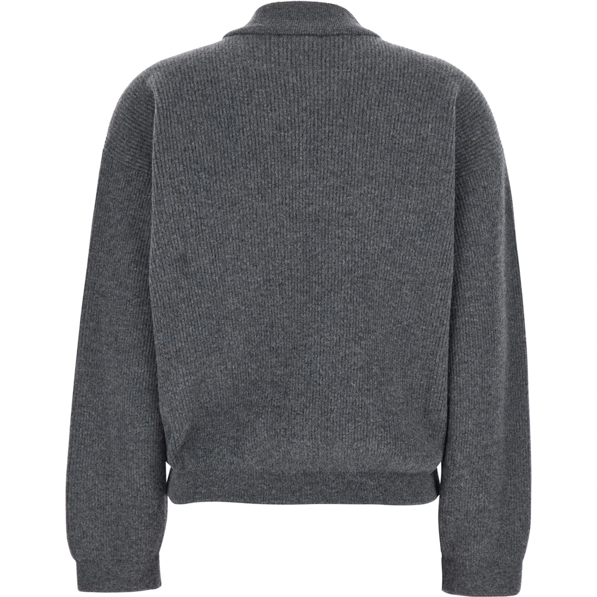 Grey Ribbed Knit Sweatshirt with Front Zip Closure in Wool Blend Woman